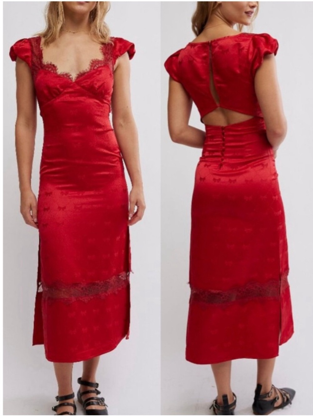 New Free People Foolish Heart Midi Dress in Red Dahlia Combo Bow Print Sz M